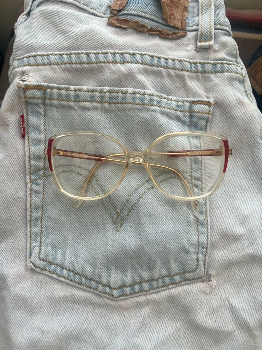 Vintage 80s big Clear & Gold Eyeglasses with Red Accents